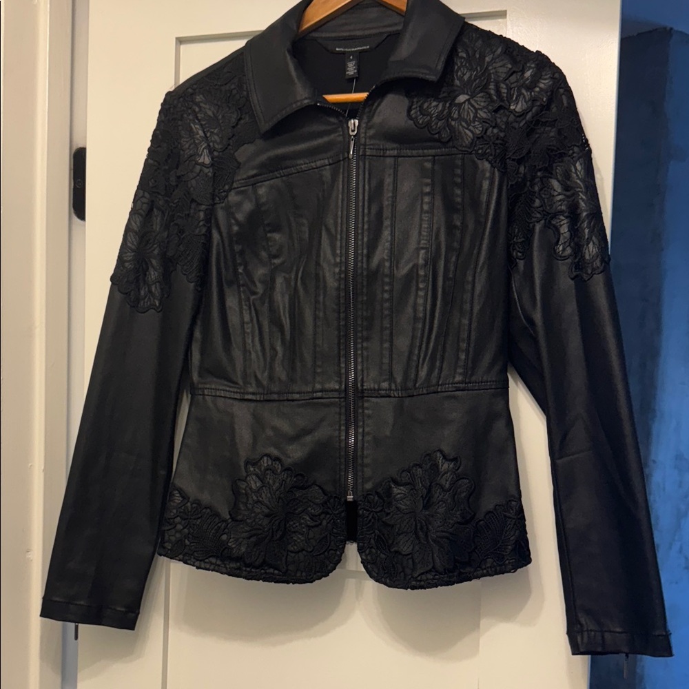 Elegant Black Women's Leather Jacket with Floral Details